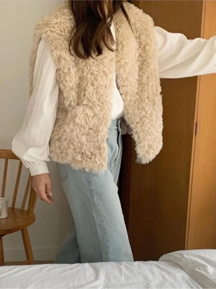 Chic Herbst Winter Vintage runde Ne Kreis Fce Lose Casual Vielseitige Lamm Pelz Weste Strickjacke Oberbekleidung für Junge Frauen