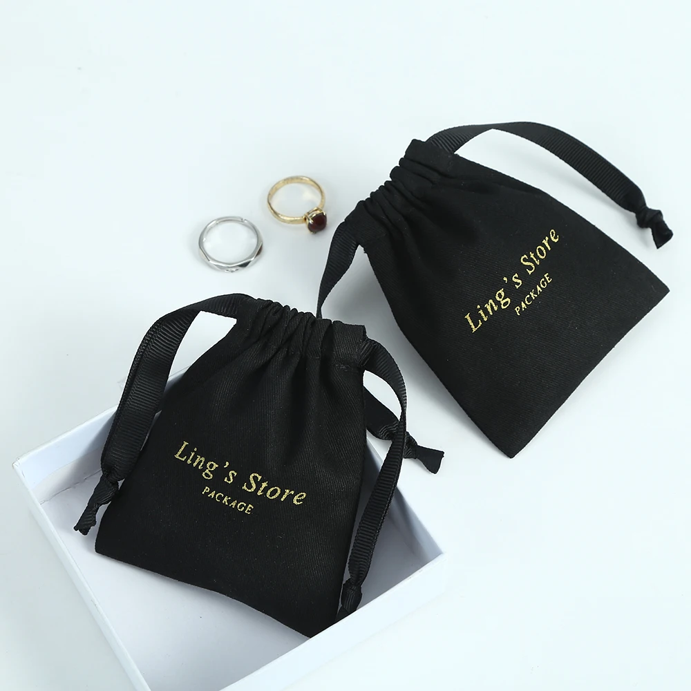 50pcs Black Jewelry Gift Packaging Pouches Thick Canvas Cotton Drawstring Bags with Ribbon Custom Logo Wedding Favor For Guests