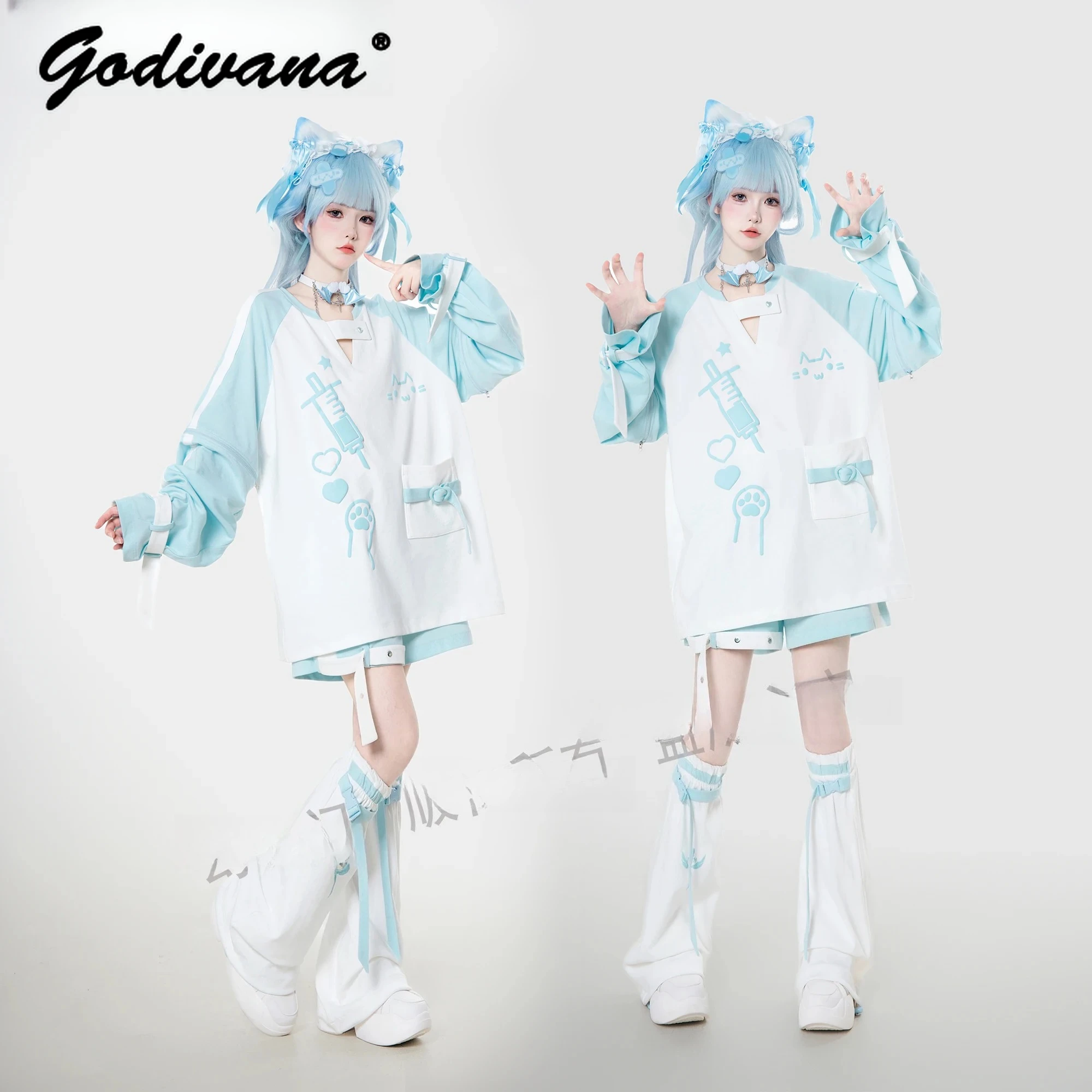 オリジナル日本鉱山ジッパー取り外し可能なスリーブ Tシャツショーツセット新しい夏の女性のサブカルチャーゴストップとショーツセット衣装