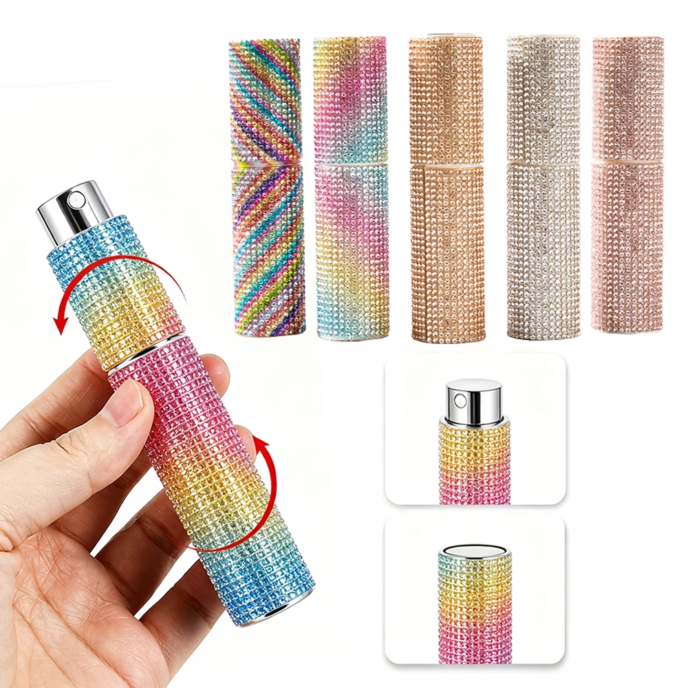 Neuer 10ML Bunter Strass-Drehparfümzerstäuber Tragbarer Feinsprühbehälter Leerer Kosmetik-Mundpflege-Reisebehälter für Flüssigkeiten