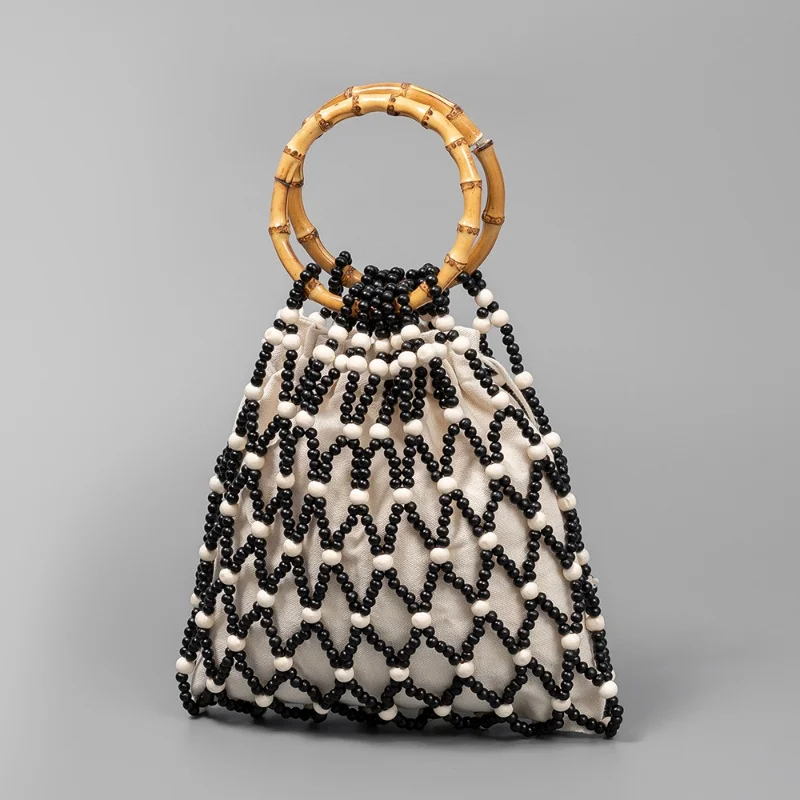 

Women Woven Hand Bag Hollow-out Wooden Bead Bag Bucket Shoulder Bag Female Reticulate Netted Beach Handbag