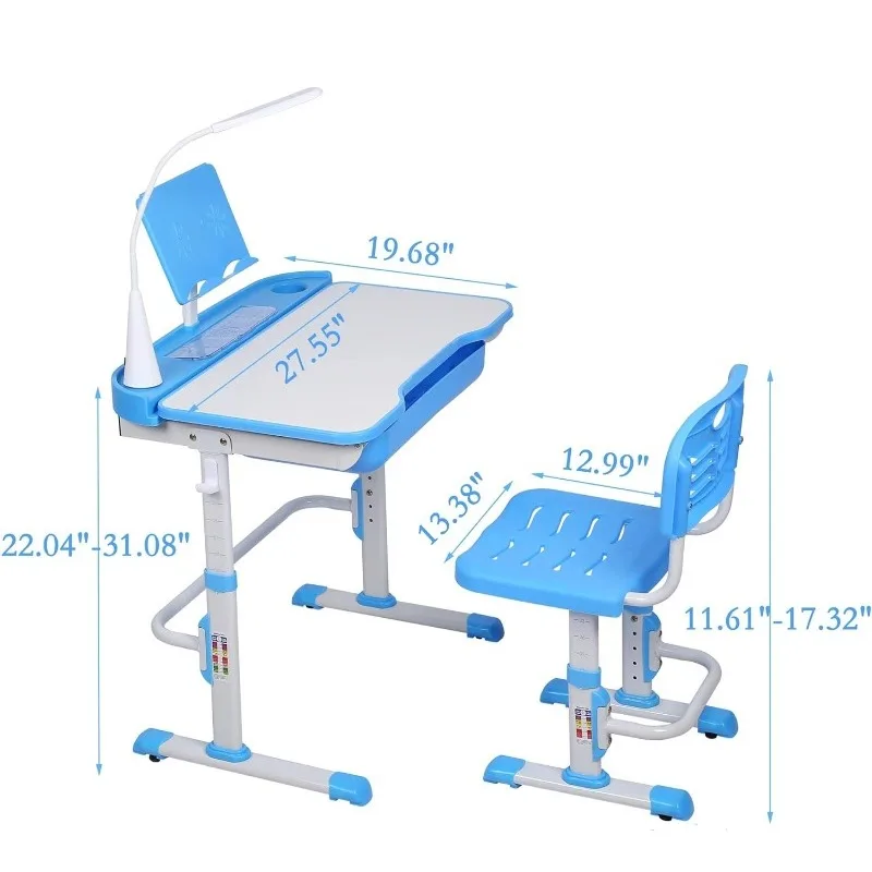 Kids Desk and Chair Set, Height Adjustable Child's School Study Writing Tables with Tilt Desktop, LED Light, Storage Drawer