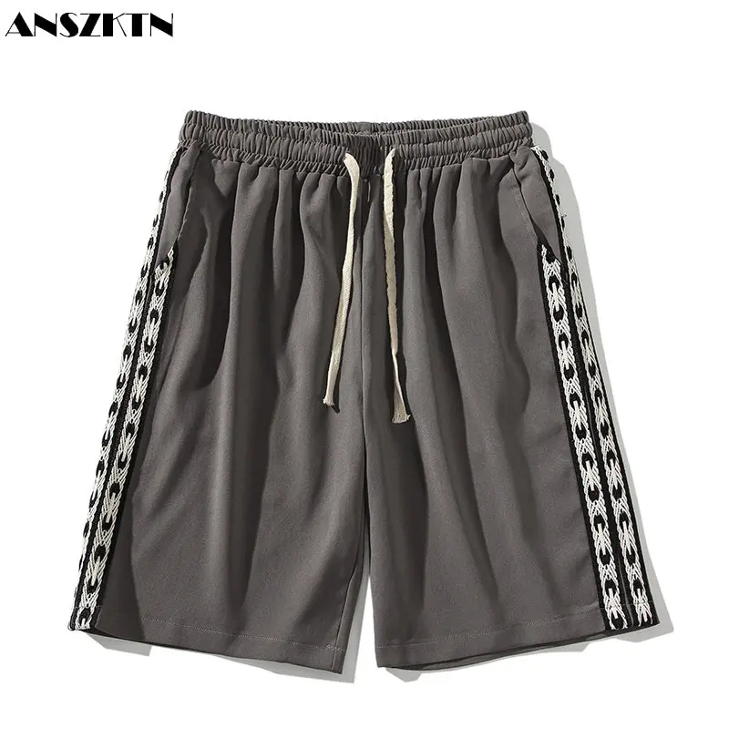 ANSZKTN Drawstring sports casual men's loose black gray cotton summer thin style solid color five quarterback pants shorts