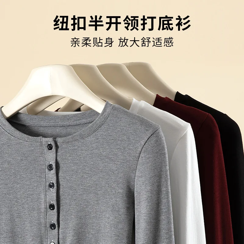 Women's Clothing Button Placket Half Open Collar Long Sleeves Innerwear Base Layer Lady Early Autumn New Model T-Shirt Tops