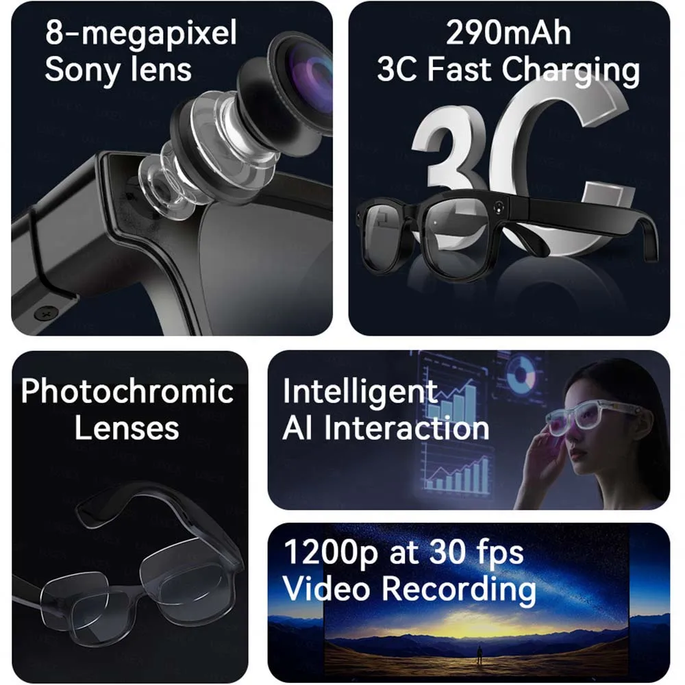800W Pixel Smart Glasses With Camera Video Recording AI Photo Recognition Call Language Translation Voice Sunglasses New Upgrade