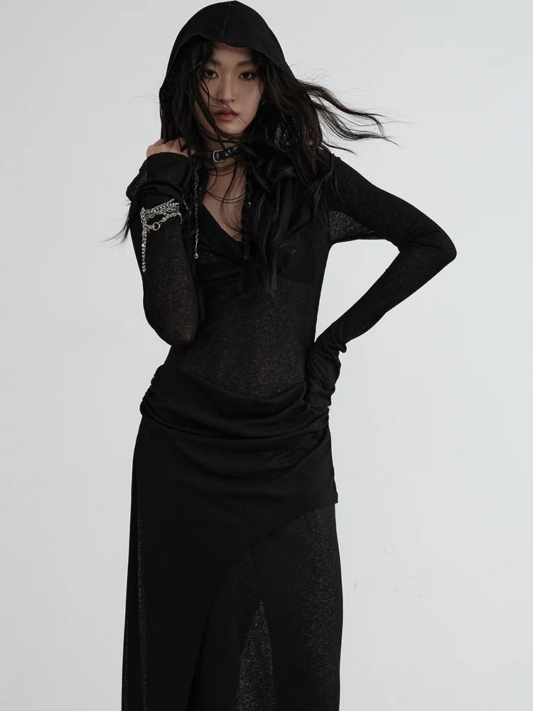 [EAM] Women Black Thin Perspective Long Elegant Knitting Dress New Hooded Long Sleeve Fashion Tide Spring Autumn 2024 1DH7218