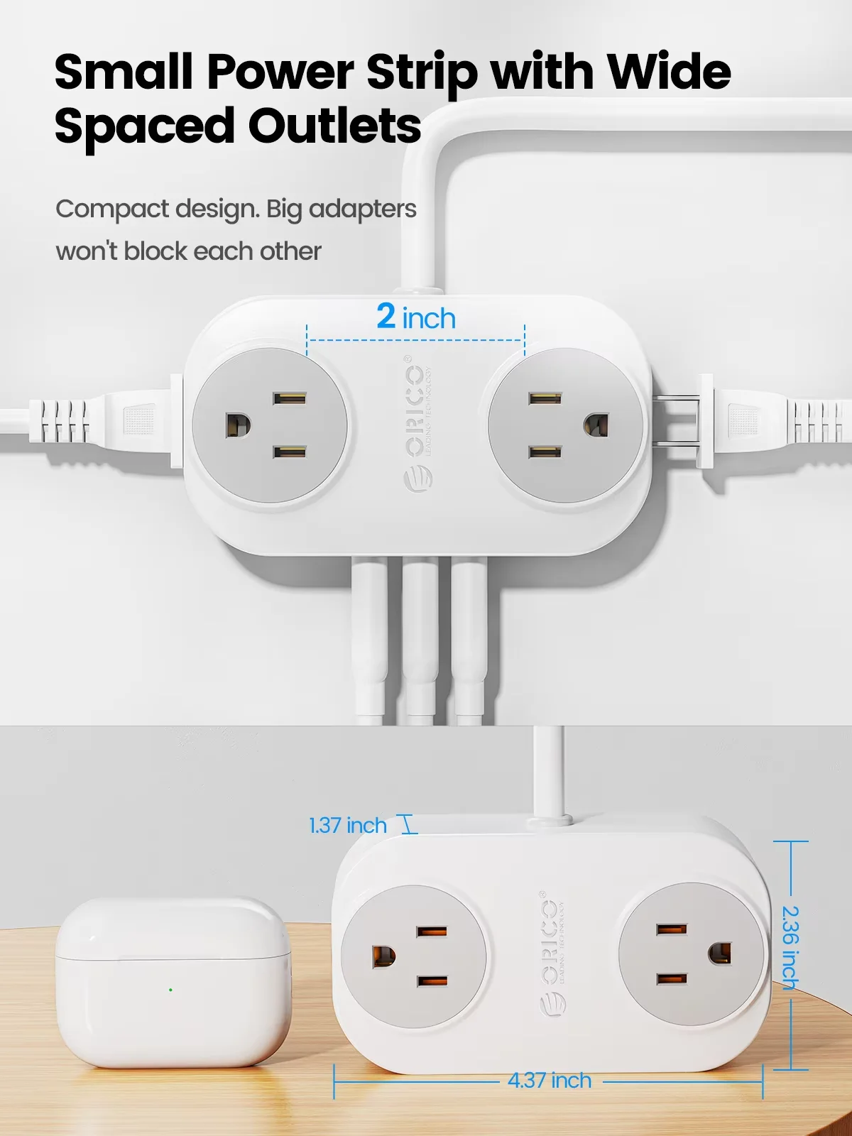 ORICO Travel Plug Power Strip with 4 AC Outlets 2 USB 1 Type-C Ports  Extension Cord with Multiple Outlets for Travel