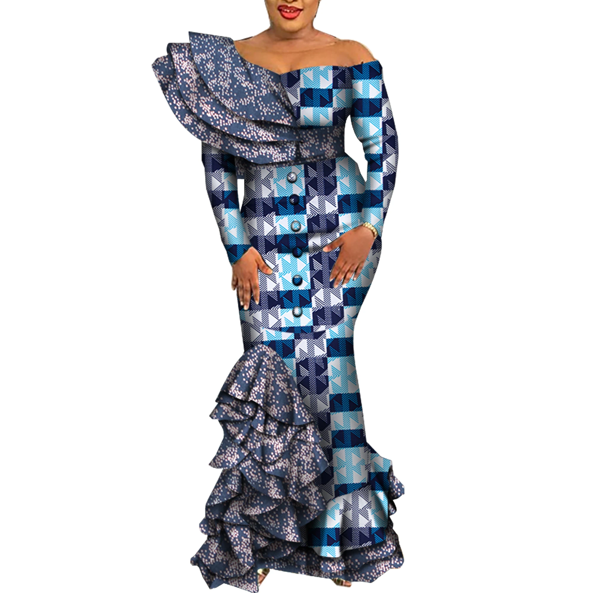 African Dresses for Women 2022 Elegant Bodycon Long Mermaid Dress Draped Ruffles African Print Dashiki Evening Dresses WY5995