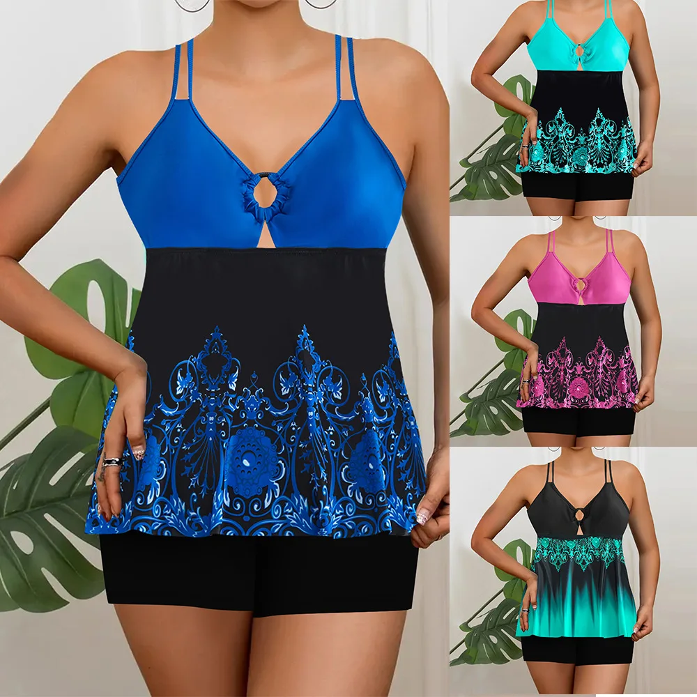 

2025 Women's Modest Swimsuit Dress Set Skirted Two Piece Swimwear V Neck Sleeveless Vest Tops Summer Holiday Shorts Bathing Suit