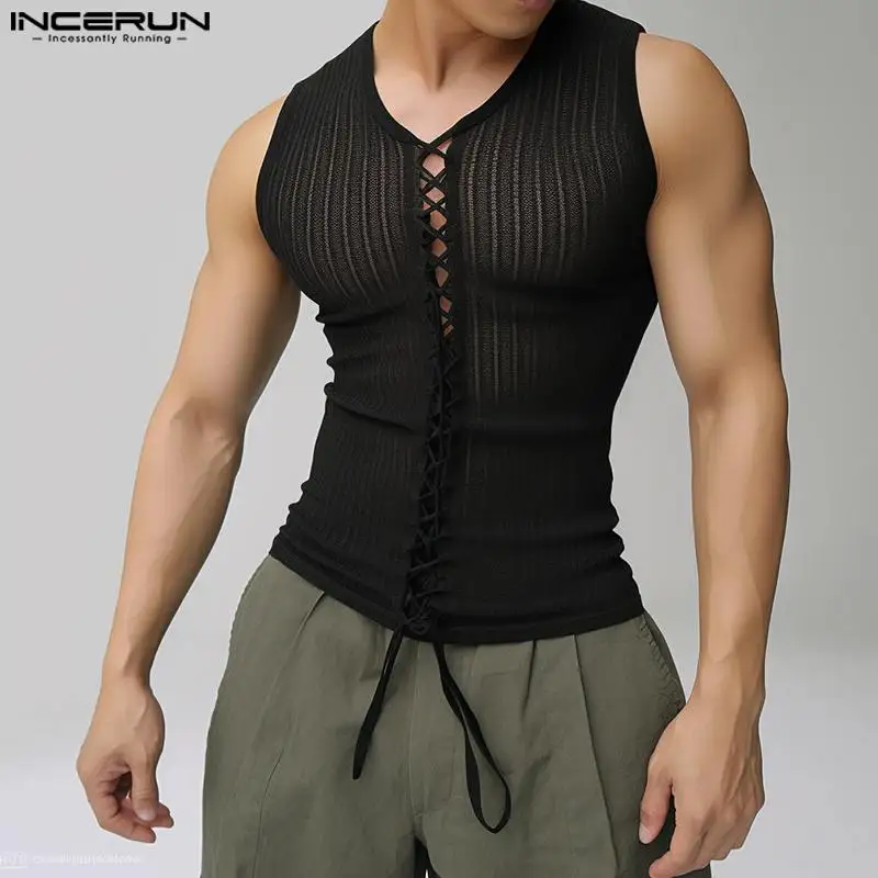 Fashion Well Fitting Tops INCERUN Men Cross Design Drawstring Sleeveless Vests Casual Male See-through Thin Tank Tops S-5XL 2024