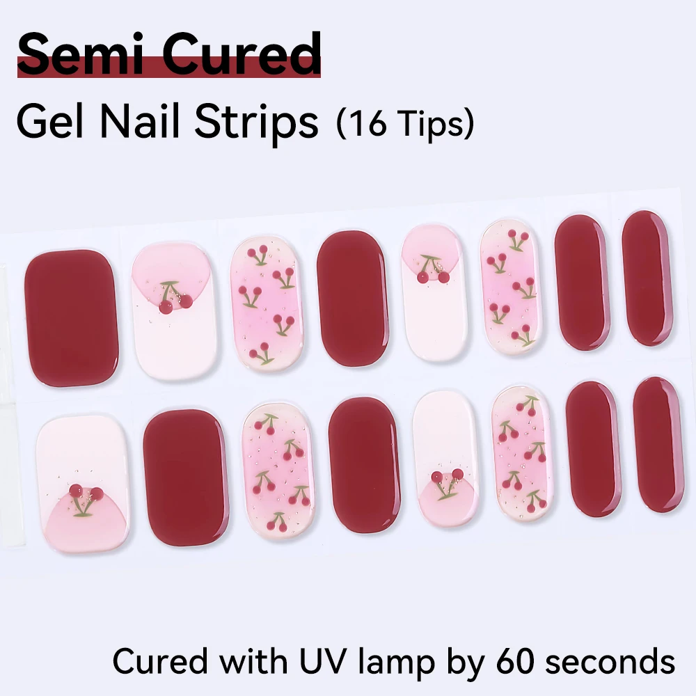 16Tips Semi-Cured Gel Nail Sticker Glitter Colorful UV/LED Lamp Gel Nail Polish Wraps Long-Lasting Full Cover Gel Sticker Decor