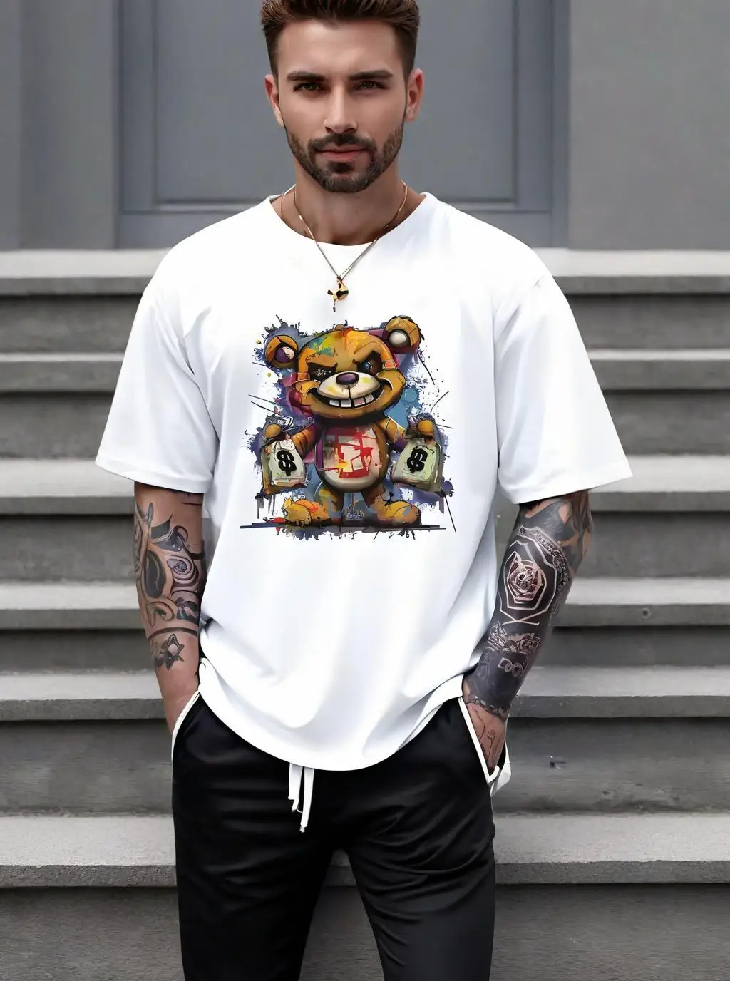 

Men's round neck short sleeved fashionable T-shirt, 100% polyester fiber, cartoon bear print, tight fitting, casual, sporty