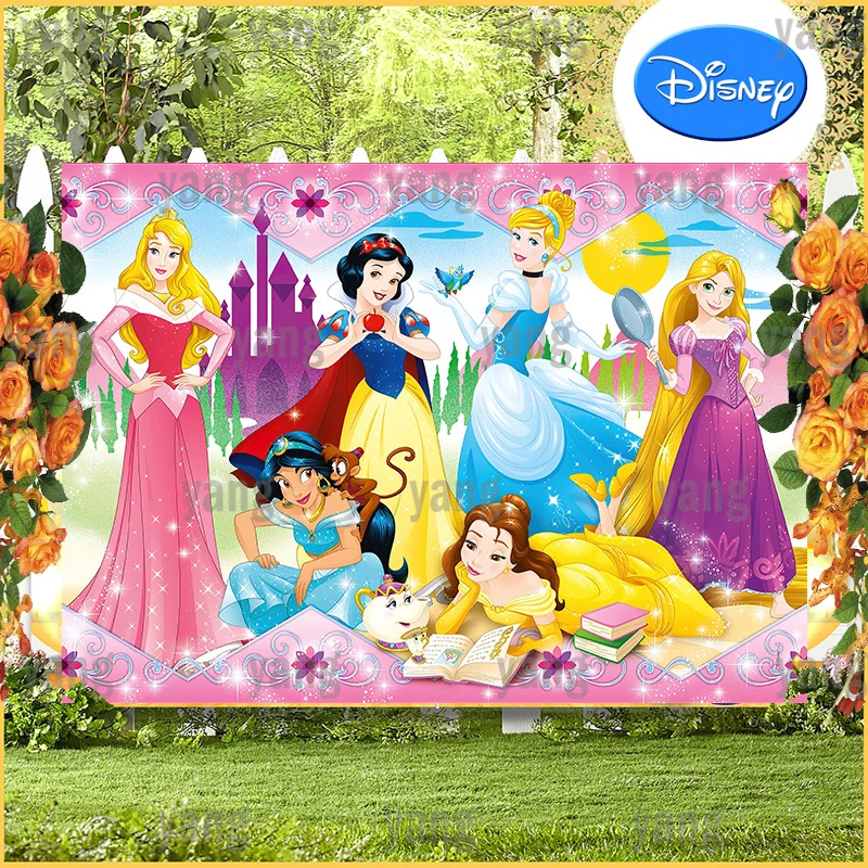 

Disney Cinderella Belle Aurora Ariel Girls Princess Happy Custom Purple Castle Backdrop Birthday Party Background Baby Shower