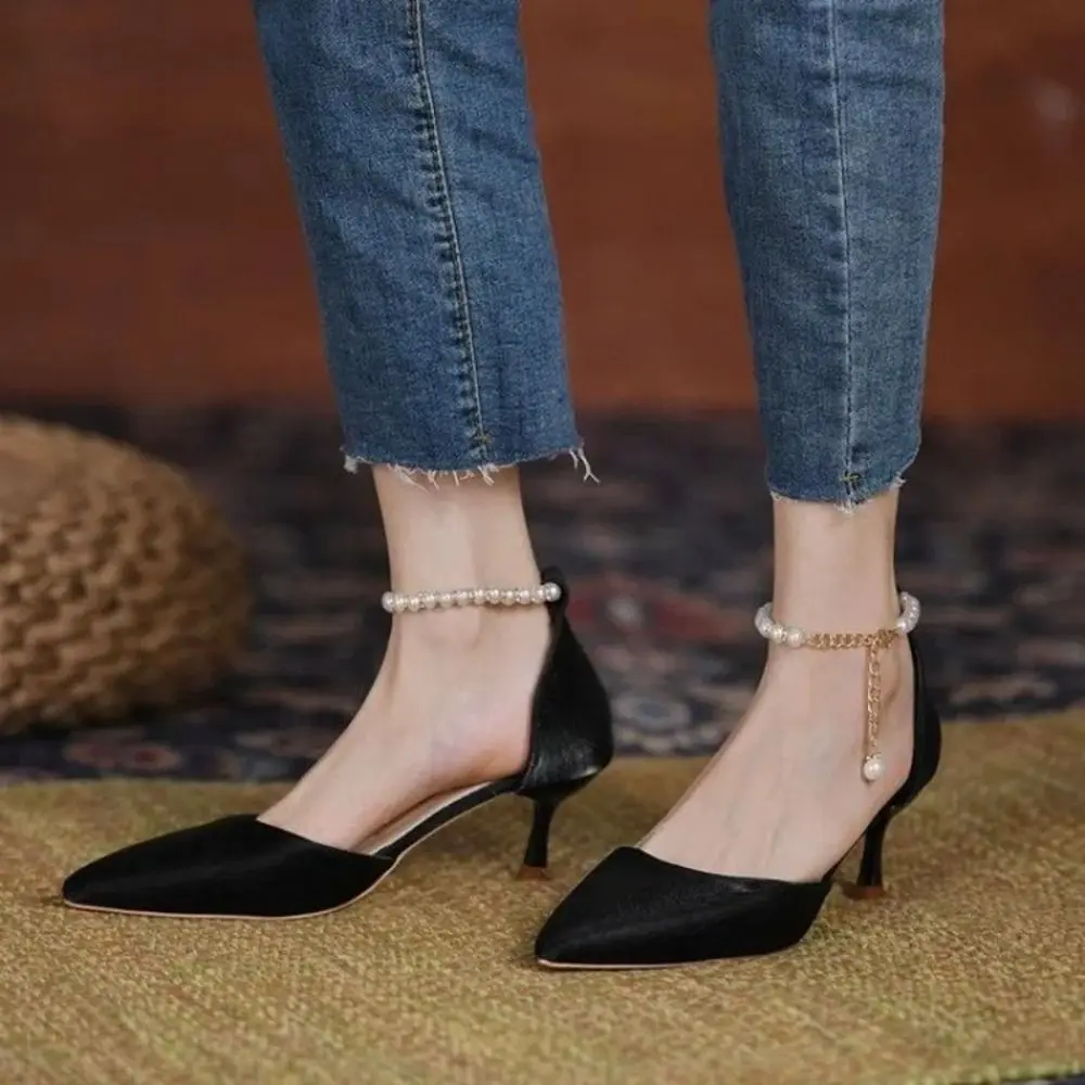 New Alloy Women Shoelaces PU Anti-skid High Heels Pearl Heels Band Pearl Shoes Decoration Shoe Belt