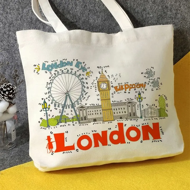 Bolsa de Lona London Fog de Grande Capacidade, Bolsa de Compras Criativa e Cultural, Bolsa Artística Pintada à Mão Ecológica ...