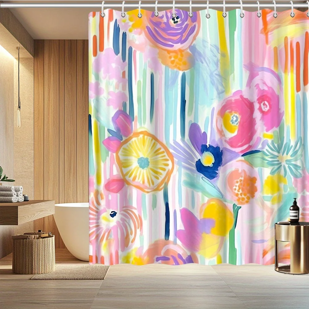 

Акварельная шторка для душа с цветочным принтом – яркие пастельные цветы на вертикальных радужных полосках, кремовая основа, водонепроницаемый полиэстер.