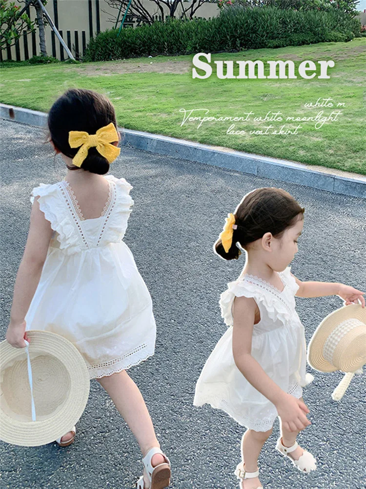 Summer Girls Fashion Dress 2023 Little Girls Party Thin Style White Princess Dresses kids Toddler Sleeveless Backless Clothing