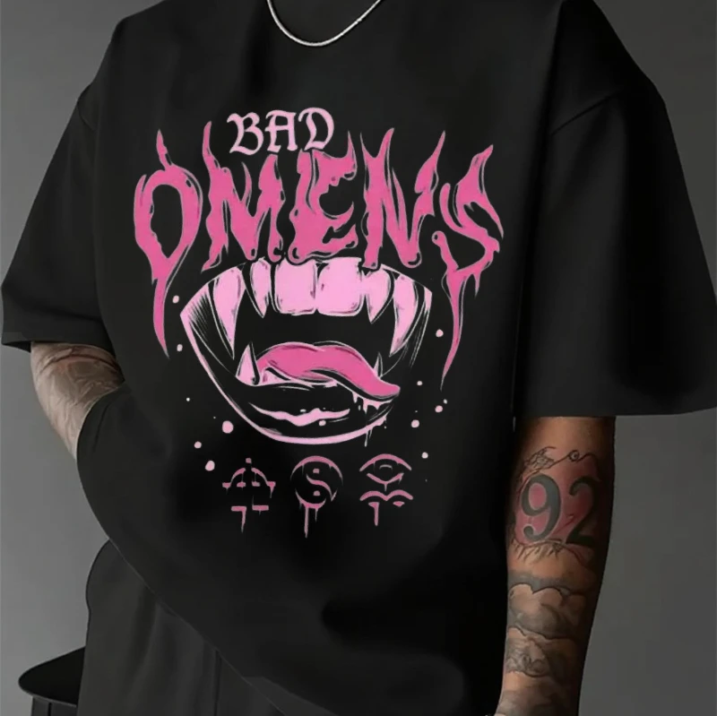 Summer Bestseller American Men's Gothic Heavy Metal Pattern Short-sleeved T-shirt - Bad Omens Pink Text and Teeth Design