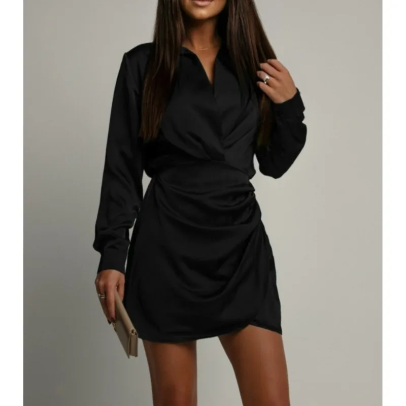 Satin Dress Pleated Versatile Dress Women's Spring Autumn New Solid Color Casual Long-sleeved Short Dress Vestidos Para Mujer