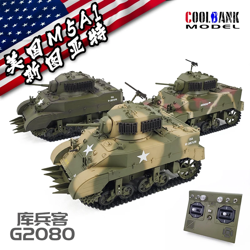 COOLBANK 1/16 RC Panzer U.S. M5A1 Stuart Light Tank Modell 2,4G Militärfahrzeug Fernbedienung Raupenpanzer mit Sound & Licht Spielzeug