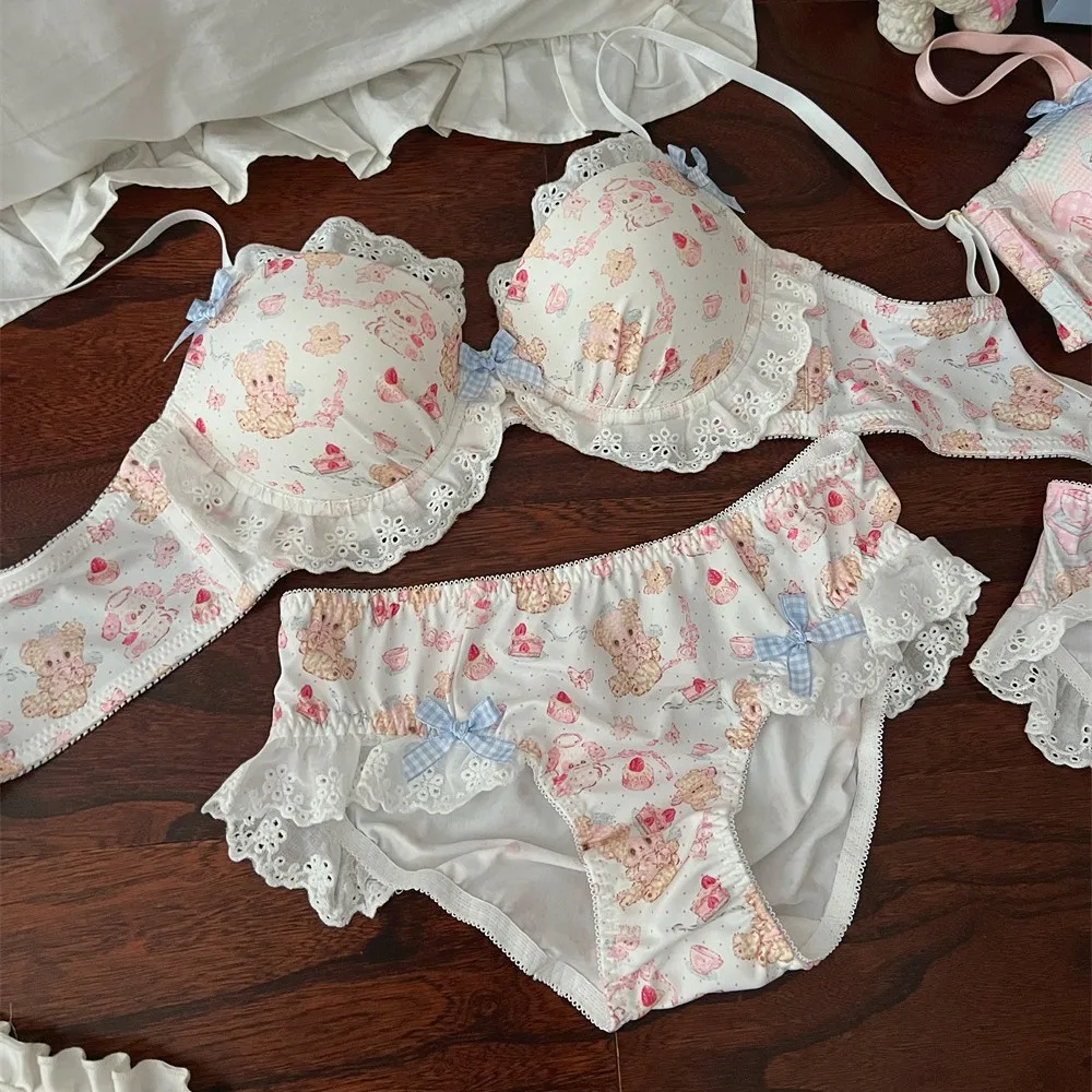 الدب الصغير الحلوى المرقعة لطيف الحلو الصدرية اليابانية لوليتا الدانتيل Underwire الصدرية فتاة الملابس الداخلية جمع مجموعة الملابس الداخلية