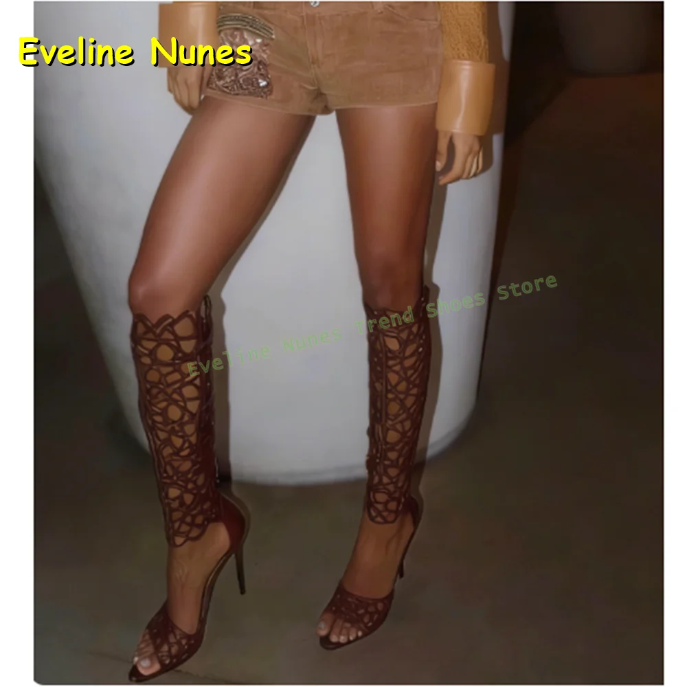 

Женские коричневые сапоги до колена с вырезами и шнуровкой, на шпильке, с открытым носком, сексуальные, в стиле гладиатор, для вечеринок и клубов, модные туфли, тренд лета 2026