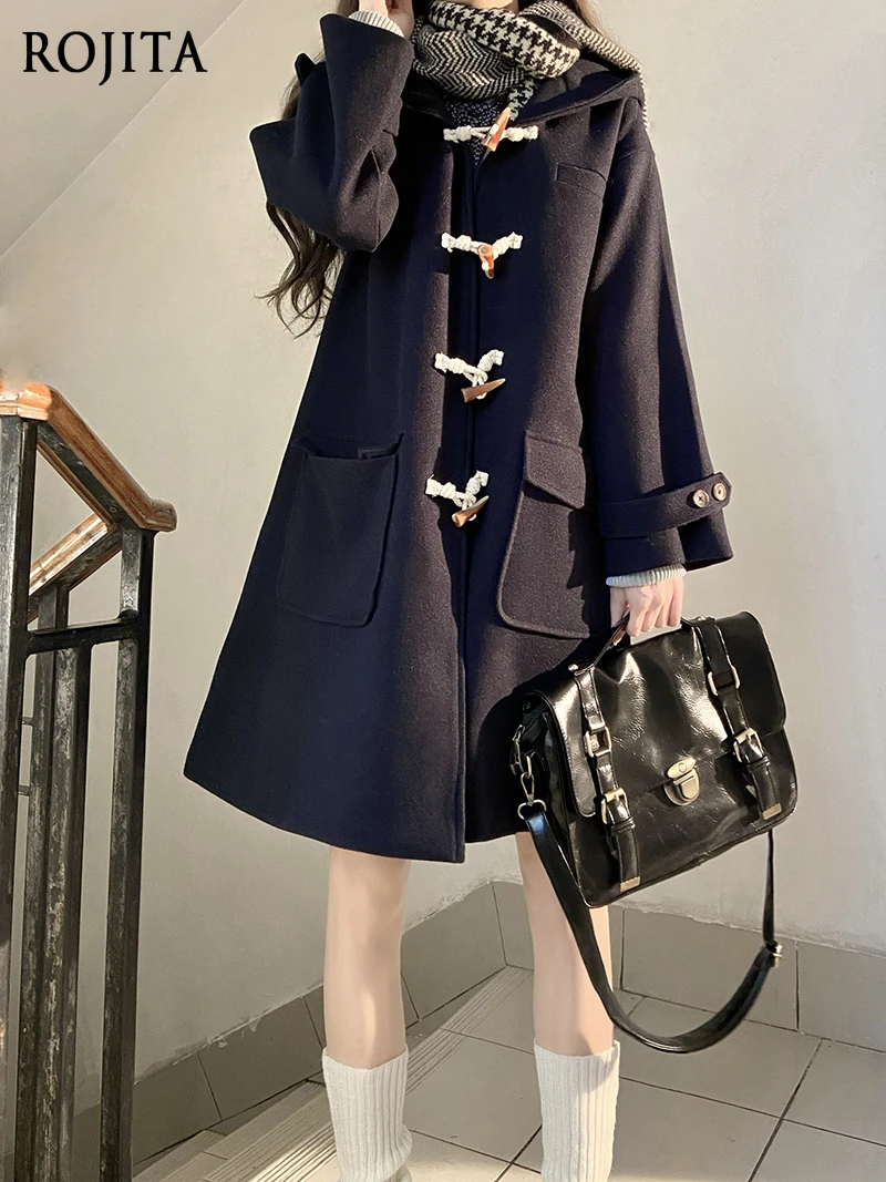 

JK Academy Style School Supply Пальто на пуговицах с рогом для женщин Темно-синяя осенне-зимняя куртка в японском стиле Длинное пальто для женщин