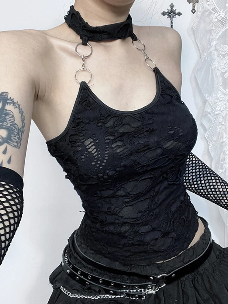 AltGoth Streetwear Gothic Hole Vest Women Coquette Harajuku Grunge Halter Backless Crop Tank Tops Emo Alt Rave Outfits Female