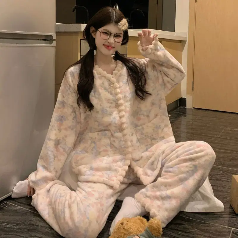 

Winter Flannel Pajamas Set Women Korean Sweet Floral Home Clothes Thickened Warm Loungewear Cardigan Two-Piece Set Nightwear