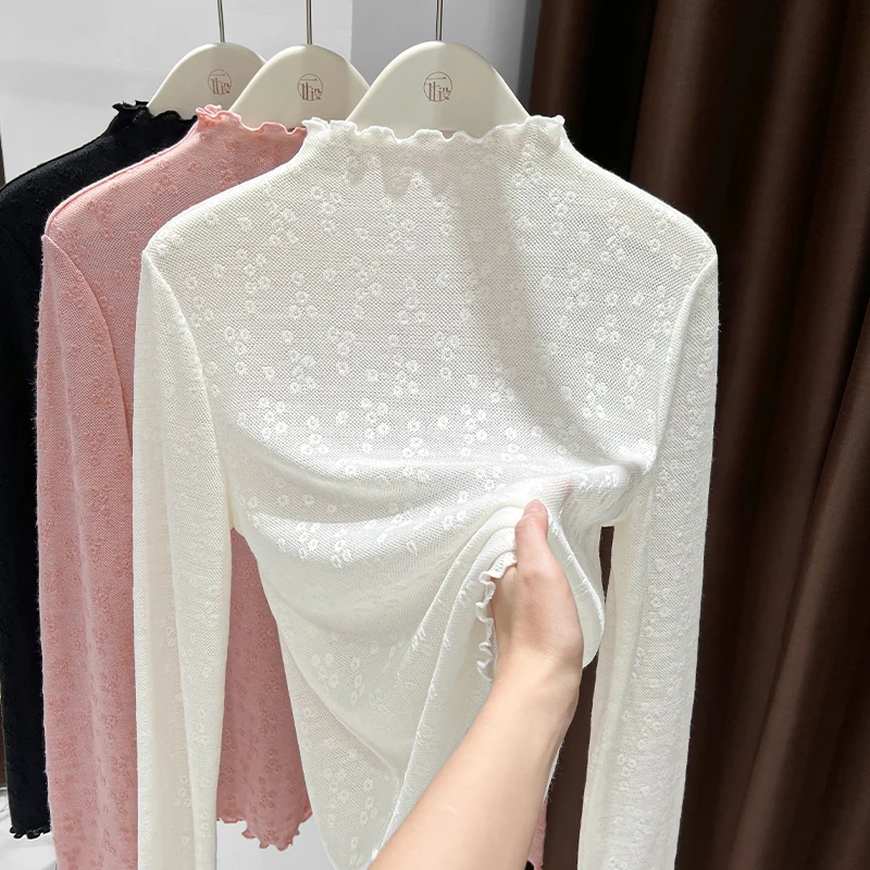 

Soft Cozy Knitted Base Shirt Half High Collar Women's Fashion Winter Top Pink Floral Pattern Commute Style Nylon Fabric