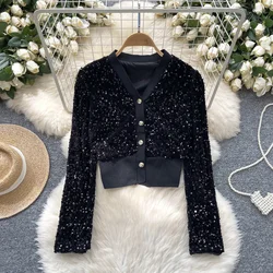 Sexy Vintage Long Sleeve Sequin Casual Slim Chic Button Casual Korean Streetwear High Street Autumn Winter Women Crop Top Blouse