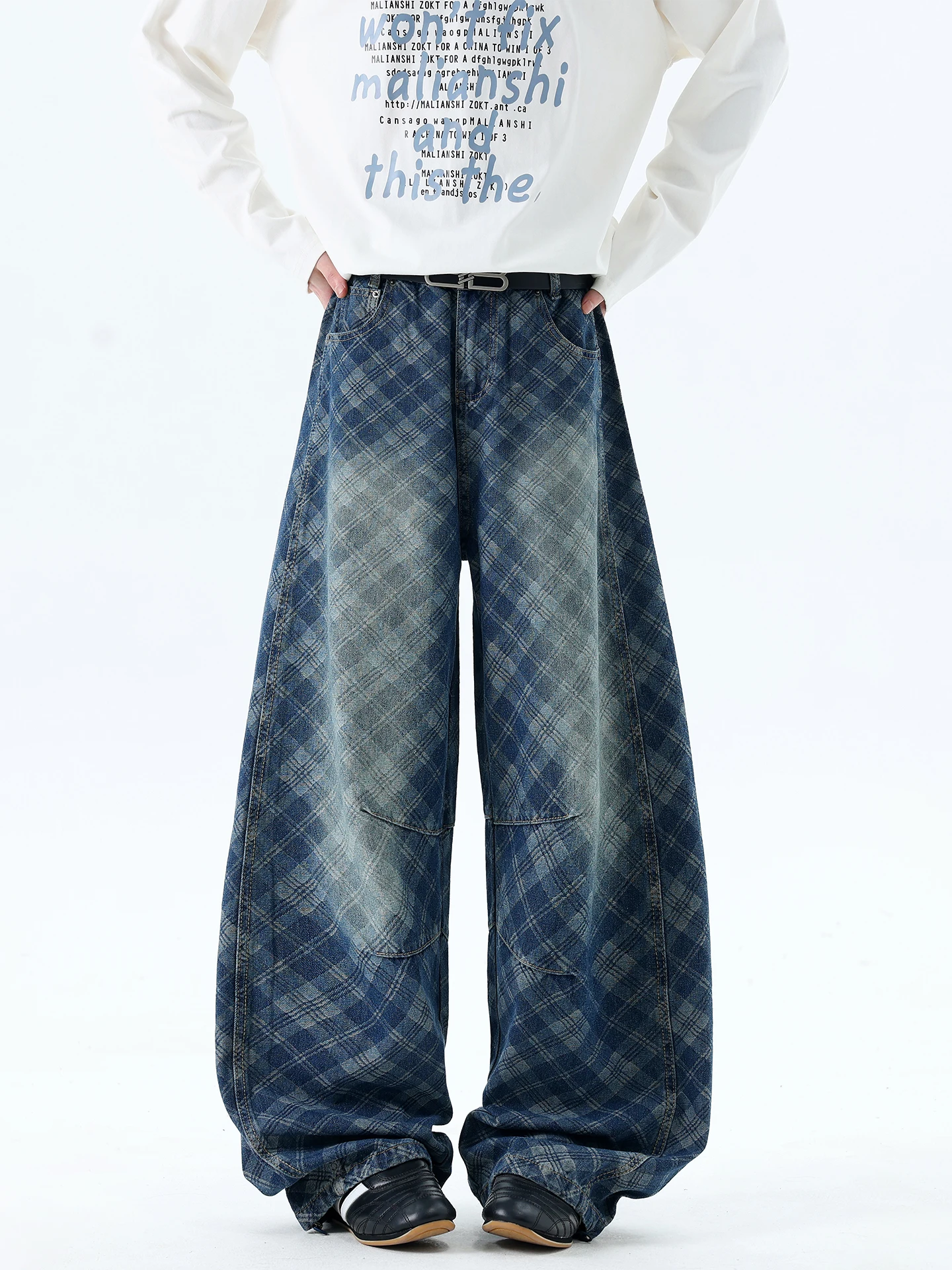 

Boyue American Retro Plaid Jeans Men's Loose Wide Leg Waed Vintage Vibe Long Pants Middle Waist Color Colion Winter