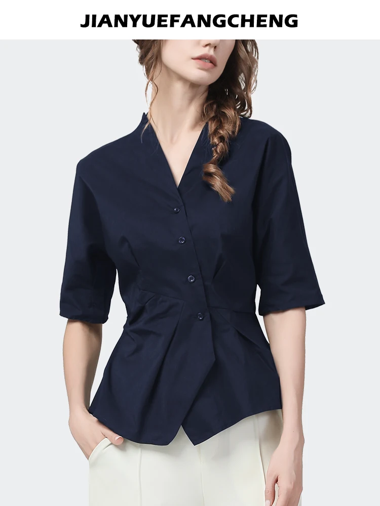 Elegant Slim Women Summer Short Sleeve V-neck Cotton White Shirt Single-breasted Button-down Tops Office Ladies Blouses