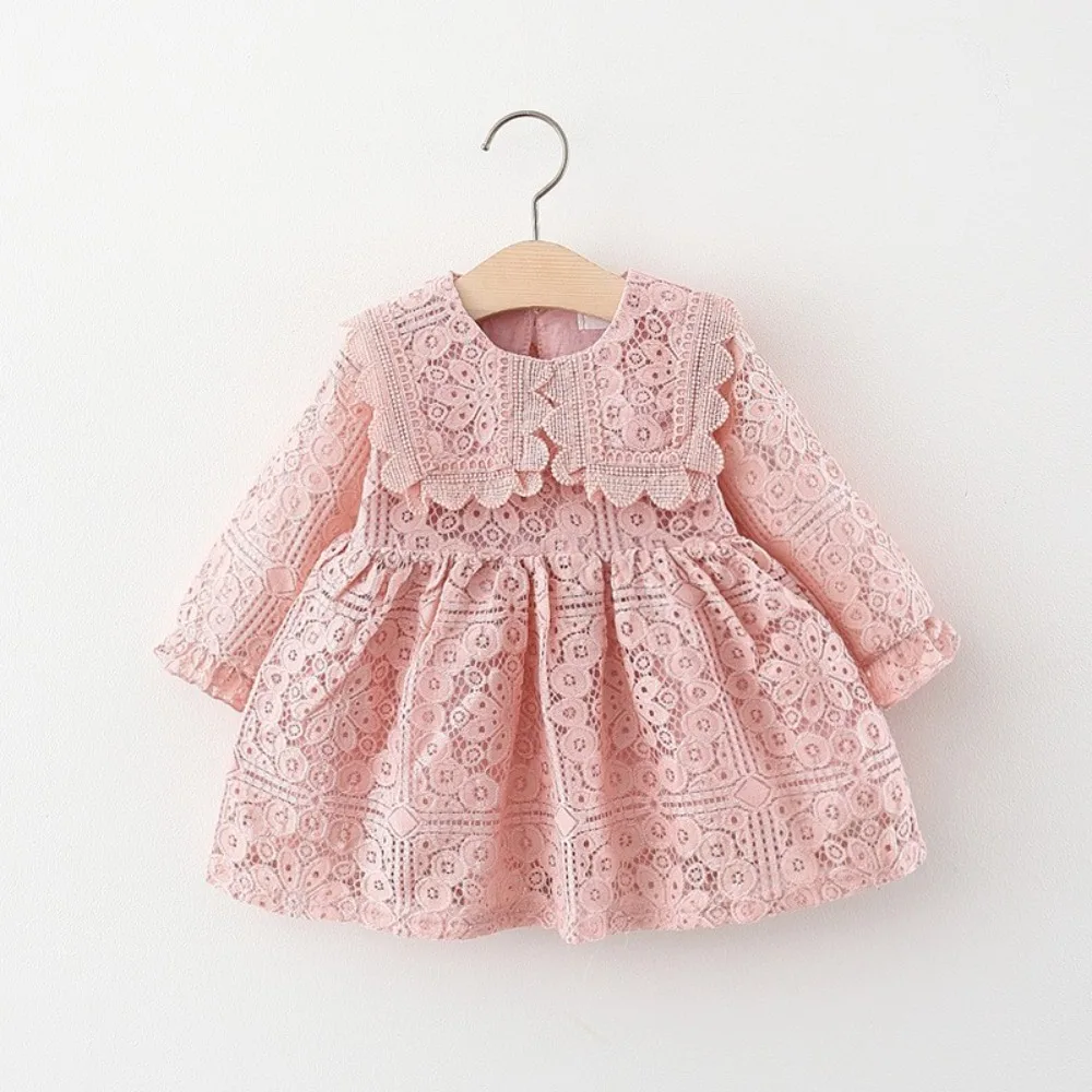 Herbst Neue Lange Ärmeln Hohl Spitze Baby Rosa Kleid 1-4 Jahre Süße und Schöne Puppe Kragen Kleider Casual kinder Kleidung