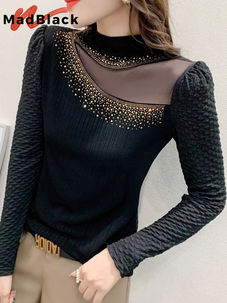 

MadBlack Women's Tshirts Shinny Diamonds Hollow Out Mesh Patchwork Slim Long Sleeves T-shirt Women Clothes For Autumn T29805X