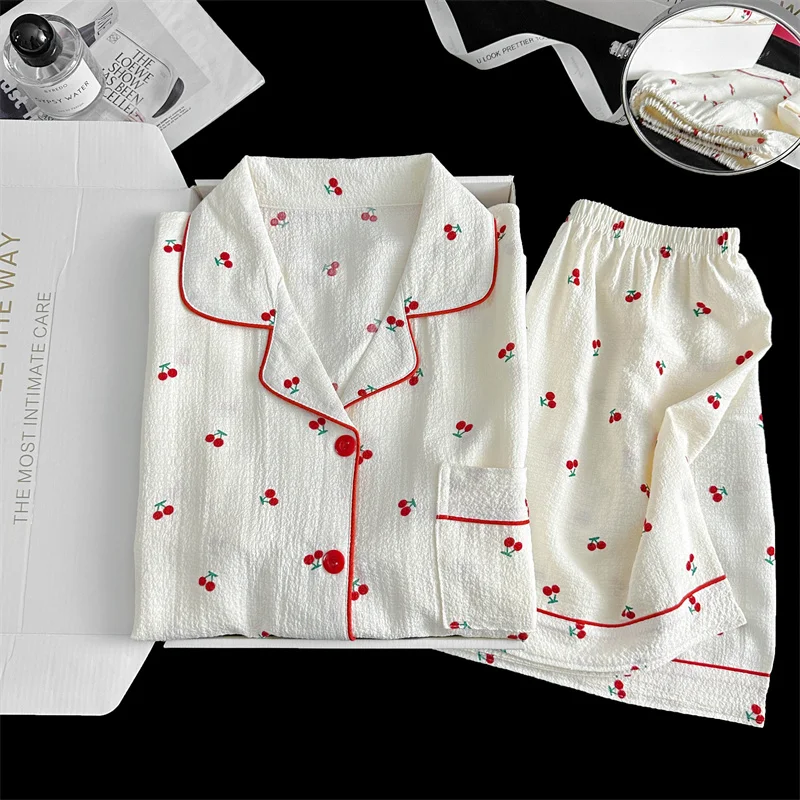 

Летний комплект домашней одежды для женщин: тонкий кардиган из плиссированной марли с вишневым принтом, повседневный стиль