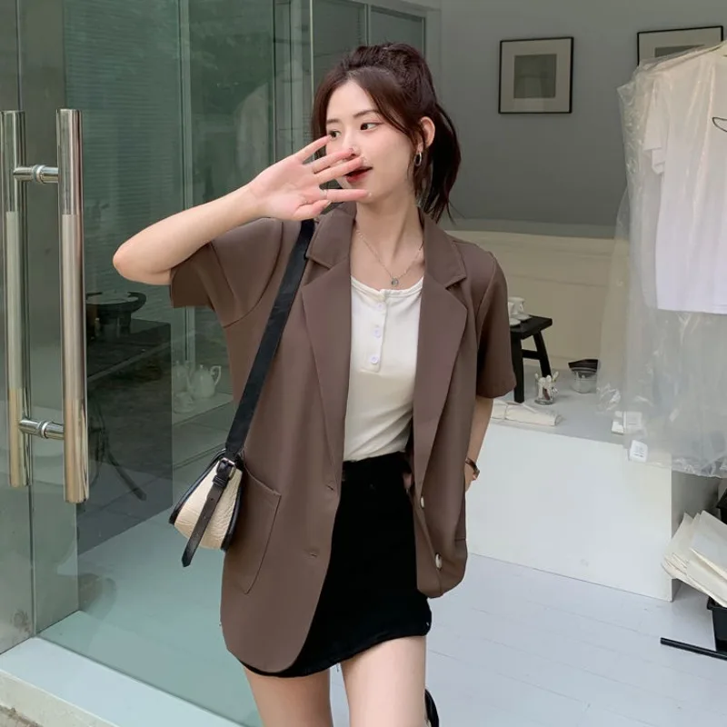 Blazer Women Korean Chic Summer Short Sleeve Suit Jacket Pockets Office Ladies Black Blazer Femenino Women Clothing Thin Tops