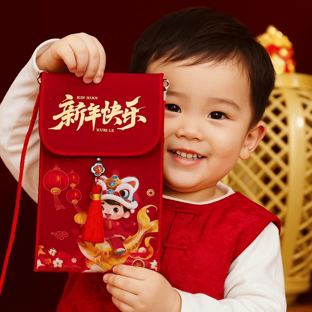 

Traditional Chinese New Year Red Envelope Brocade Embroidered Blessing Children's Money Bag with Rope Hongbao