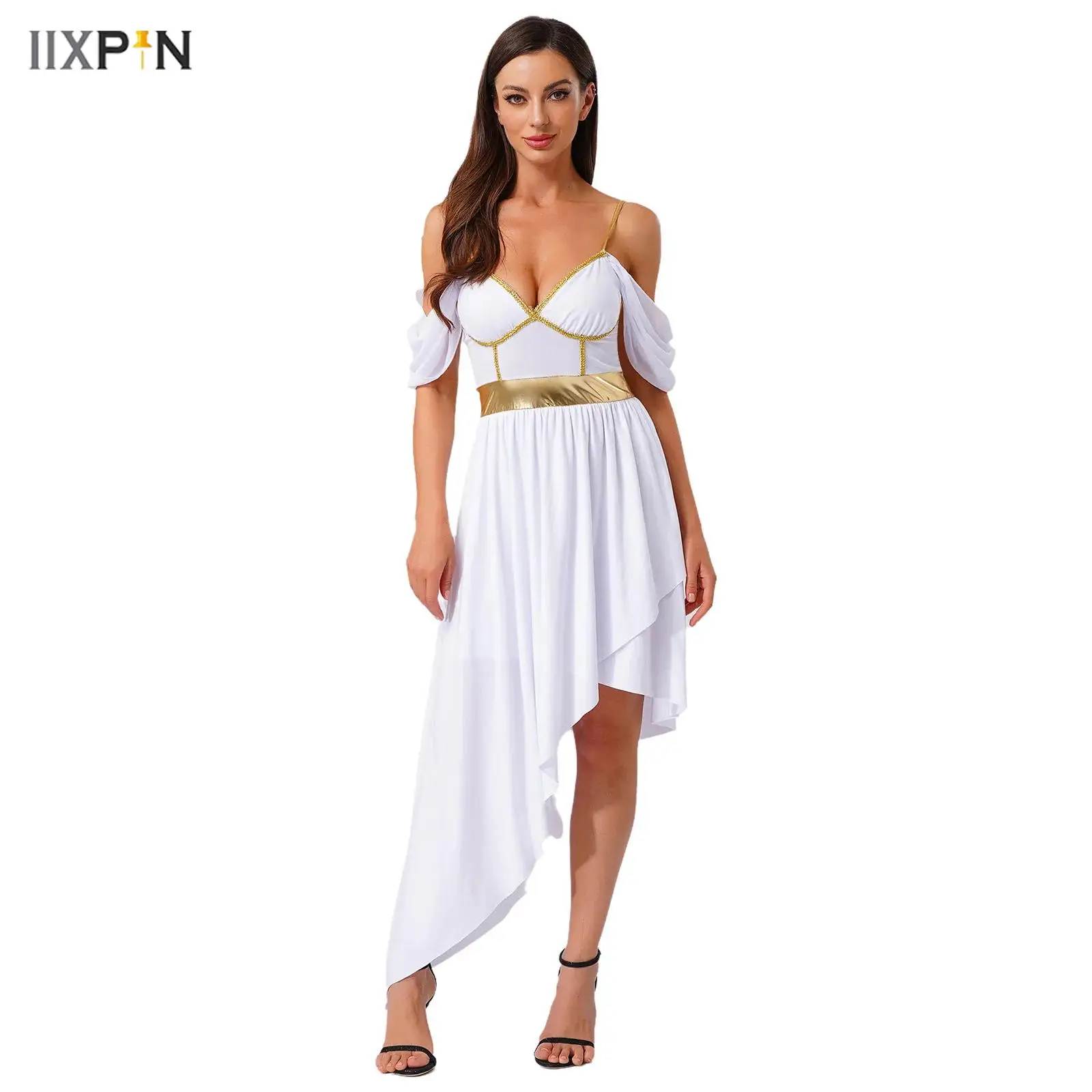 

Women's Ancient Greek Roman Queen Dress Metallic Shiny Patchwork Off Shoulder Asymmetrical Hem Sling Dress Halloween Costume