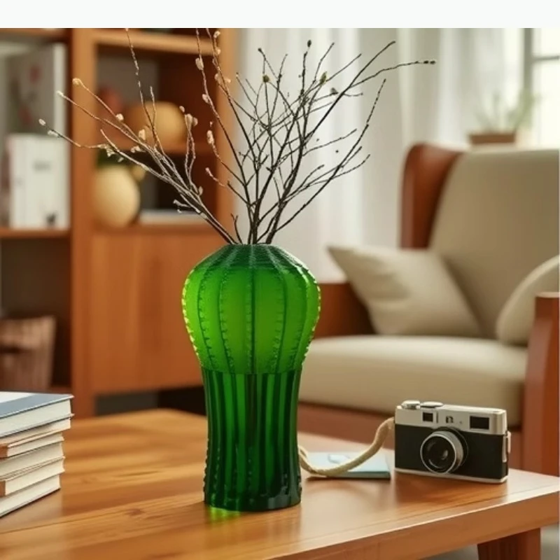 Green Cactus Frosted Glass Vase Table Decoration Flower Arrangement Artificial Flowers Vases Room