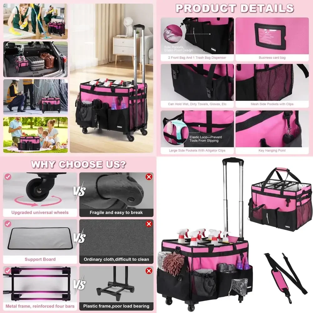 

Oversized Wheeled Cleaning Cart with Detachable Trolley, Waterproof Organizer Bag for Cleaning Supplies