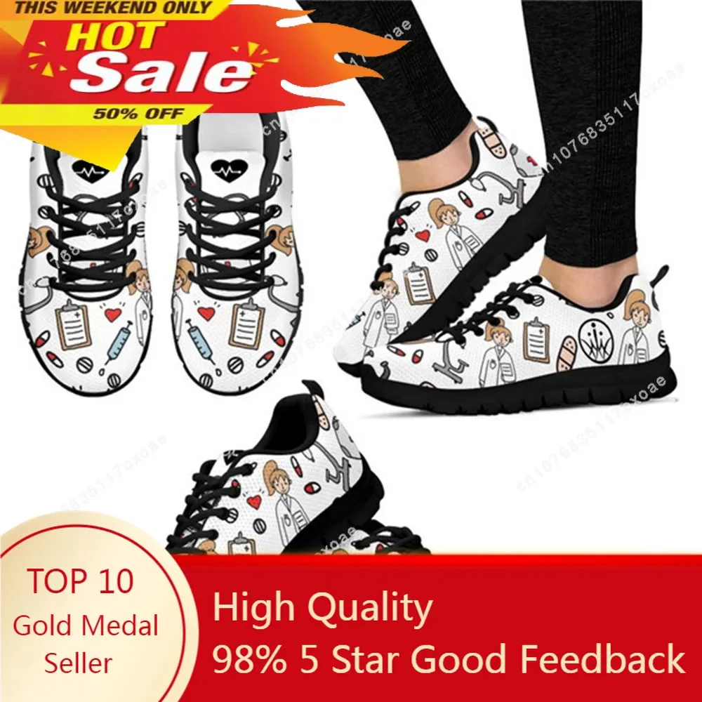 

Cartoon Sketch Physio Print Flats Shoes Women Casual Mesh Summer Nurse Sneaker Light Lacing Footwear for Teen Girls New Fashion