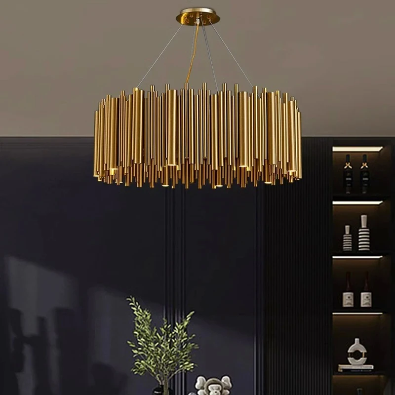 

Living room chandelier Villa duplex modern simple stainless steel creative chandelier interior lighting LED lights gold