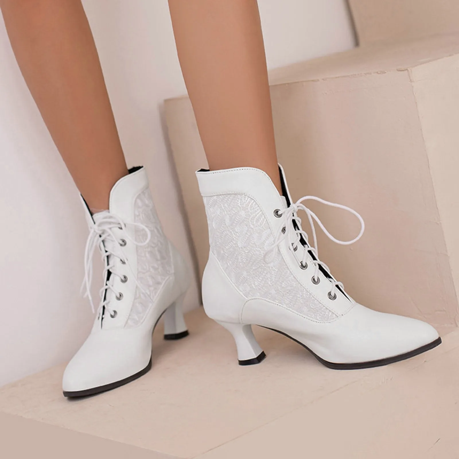 2024 New Lace Up Ladies High Heel Shoes Strange Steampunk Boot Victorian Ankle Boots Women Pointed Toe Thick Soled Short Boots