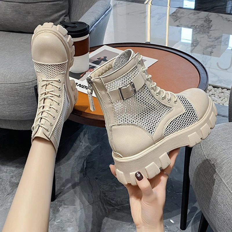 

Thick-soled Breathable Mesh Boots for Women 2025 New Korean Style Platform Women's Boots with Buckles 35-43 Lace-up Summer Boots