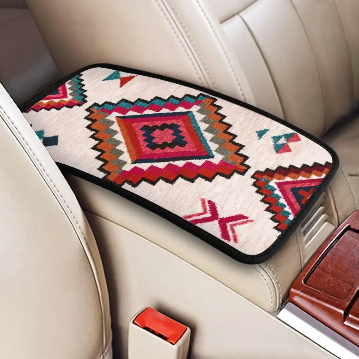 Center Console Protective Cushion Pad Bohemian Traditional Moroccan Car Armrest Cover Mat Boho Auto Storage Box Pad Cushion