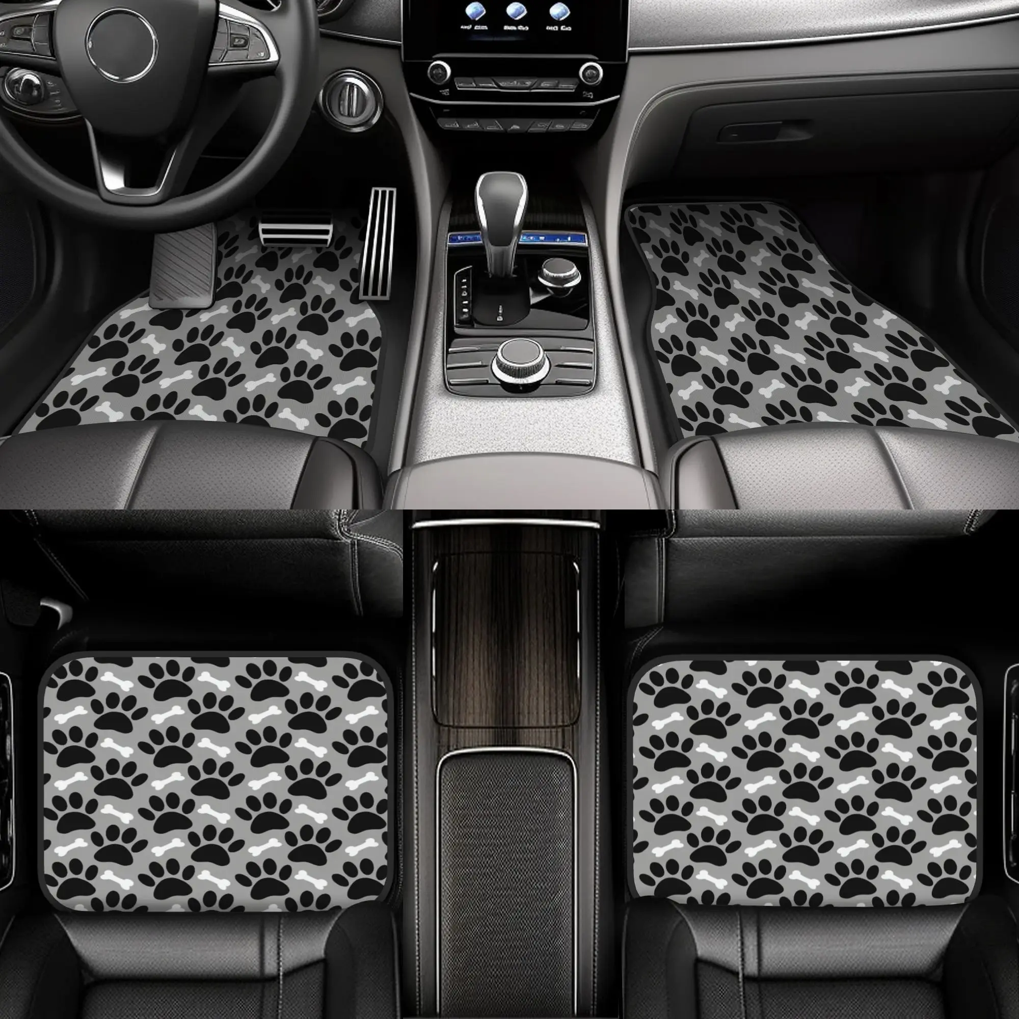 4pcs Dog Paw Prints And Bones Black White Gray Pattern Car Floor Mats, Durable, Fit For Cars, Ideal Gift, Vehicle Interior Mats,