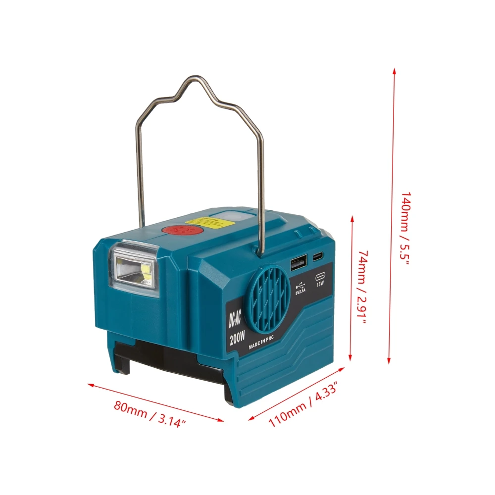 Battery Power Inverter with 280LM LED Light，For Makita / DeWalt / Milwauke / Bosch 18V Battery To 220V with USB, Type-C Out Port