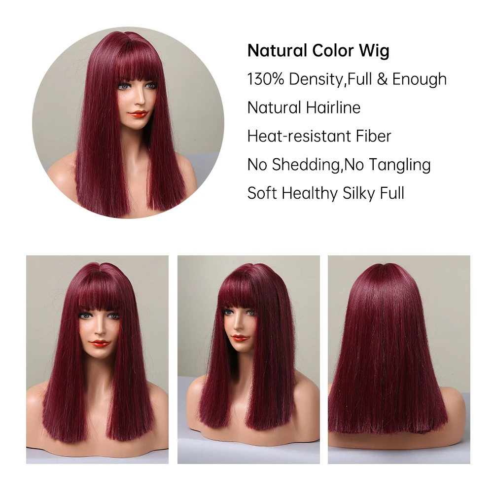 HENRY MARGU Short Bob Straight Synthetic Wig for Women Wine Red Burgundy Hair Wig with Bangs Cosplay Party Lolita Heat Resistant