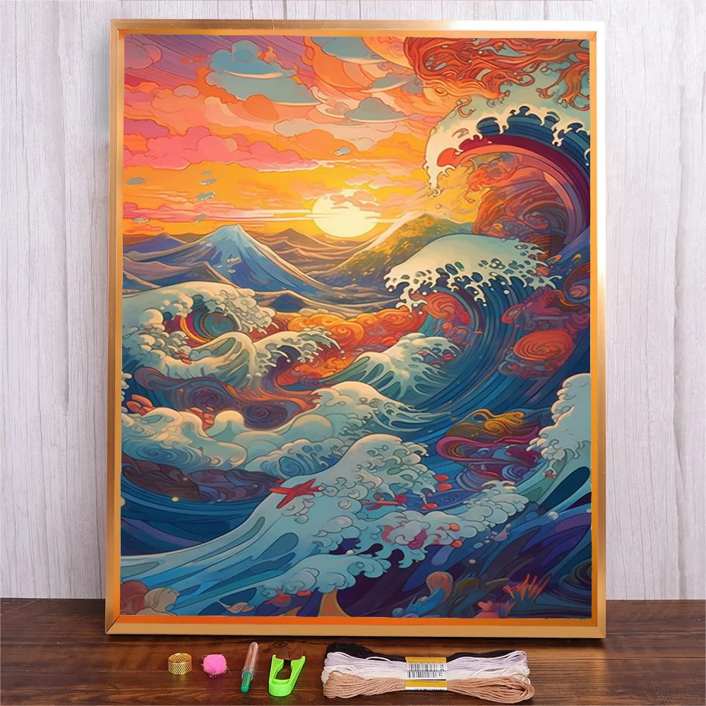 

11CT/14CT Printed Needlework Material Cotton Thread Set Sunset Seascape Cross Stitch Living Room Fashionable DIY Embroidery Kits